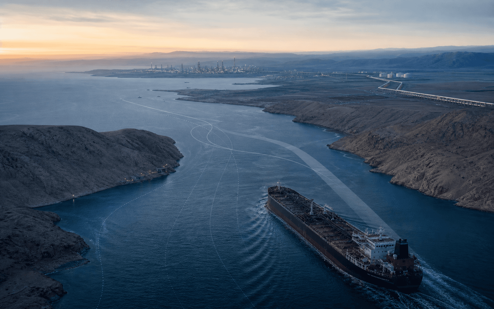 Oil tanker navigating a narrow strait with energy infrastructure and route lines at dawn.