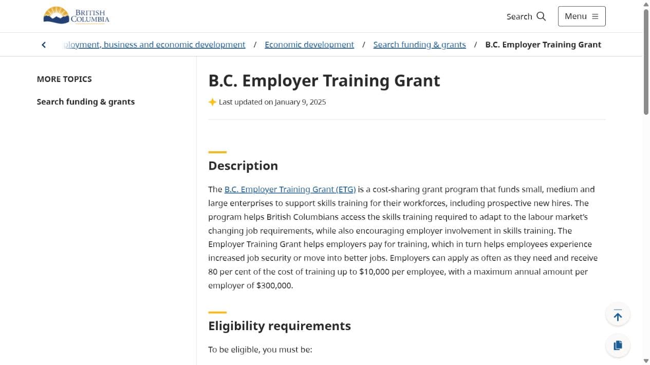 B.C. Employer Training Grant official portal screenshot