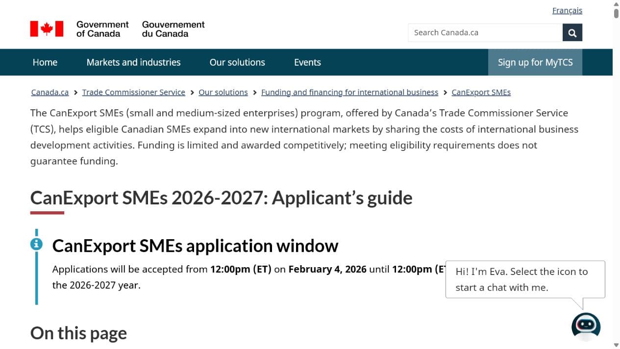 CanExport SMEs applicant guide official portal screenshot