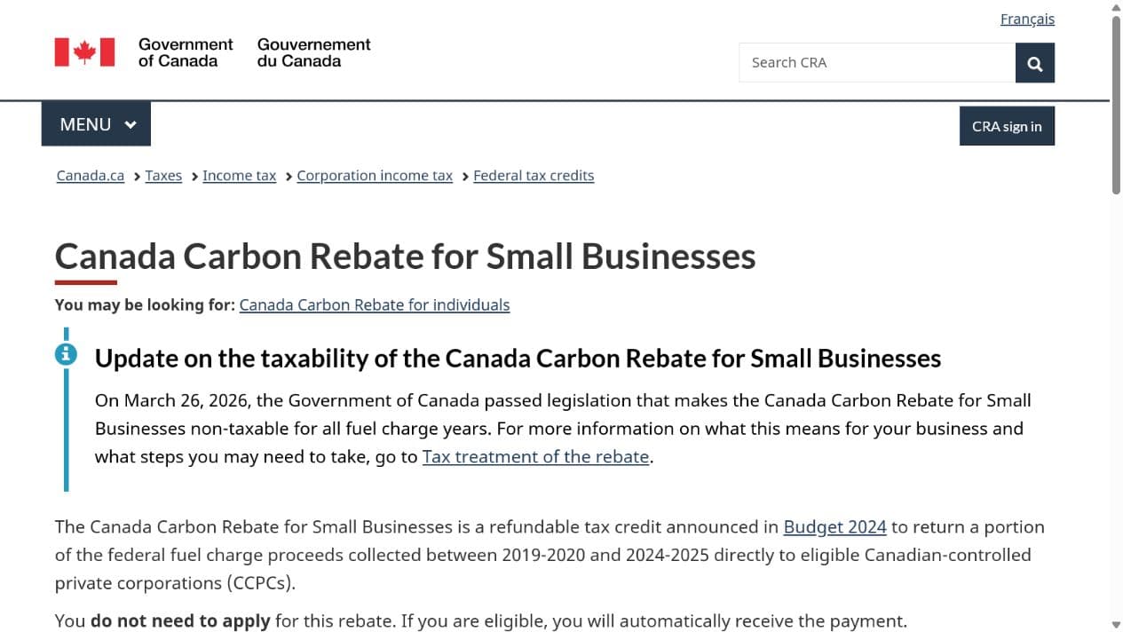 CRA carbon rebate portal official portal screenshot