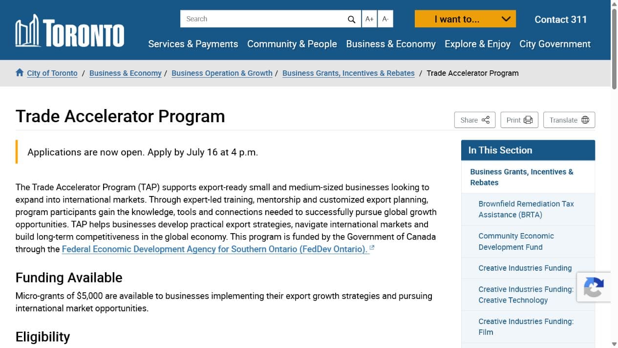 Toronto Trade Accelerator Program official portal screenshot